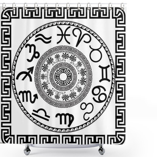 Personality  Zodiac Symbols. Vector Mandala. Greek Black And White Pattern With Zodiac Signs, Circles, Flowers, Frame, Square, Meander, Greek Key Ornaments.   Isolated Texture. Modern Design Shower Curtains