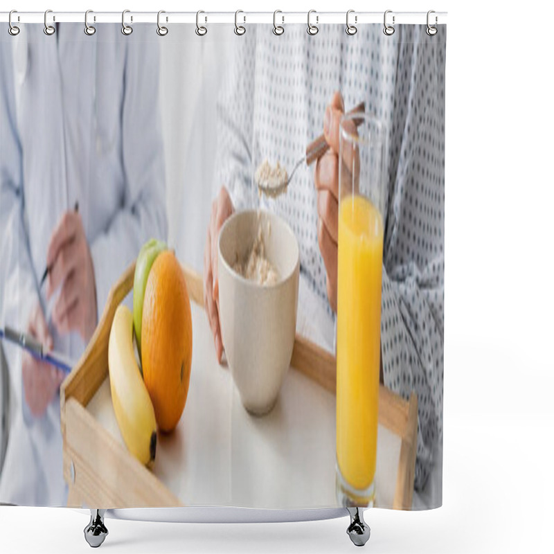 Personality  Cropped View Of Woman Eating Oatmeal Near Fresh Fruits And Doctor On Blurred Background, Banner Shower Curtains