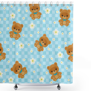 Personality  Blue Checkered Floral Seamless Pattern With Teddy Bear Shower Curtains