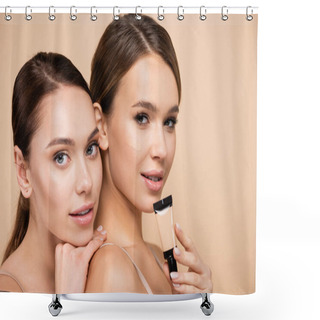 Personality  Pretty Woman With Perfect Skin Posing With Concealer Near Friend Isolated On Beige Shower Curtains