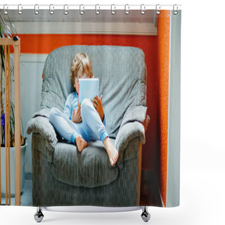 Personality  Cute Blond Little Preschool Kid Boy In Pajamas Reading Book For Children In Domestic Room. Excited Child Reading Loud, Sitting On Old Big Armchair. Schoolkid, Family, Education Shower Curtains