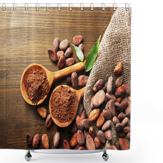 Personality  Cocoa Powder In Spoons And Cocoa Beans On Wooden Background Shower Curtains