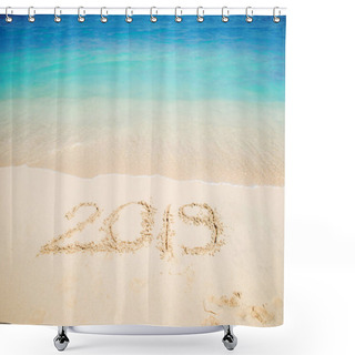 Personality  New 2019 Year In The South, The Sea. Inscription On The Sand, Celebrate The New Year In The Tropics. New Year Holidays Shower Curtains