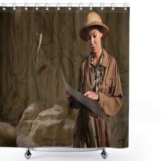Personality  Archaeologist In Brown Jacket And Safari Hat Looking At Ancient Map In Cave Shower Curtains