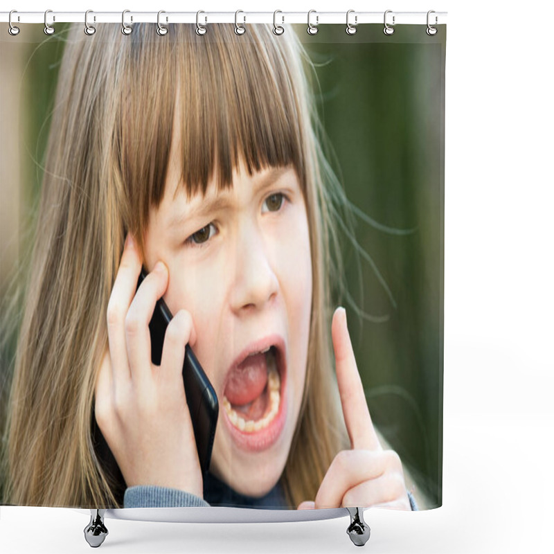 Personality  Portrait Of Angry Child Girl With Long Hair Talking On Cell Phone. Little Female Kid Having Discussion On Smartphone. Children Communication Concept. Shower Curtains