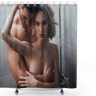 Personality  Beautiful Woman Looking At Camera And Embracing Man While Taking Shower Shower Curtains