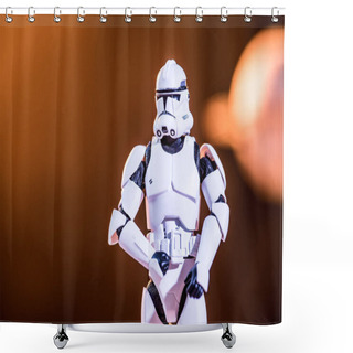 Personality  White Toy Imperial Stormtrooper On Blurred Background Shower Curtains