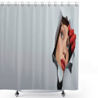 Personality  Banner Of Young Woman With Blue Eyes And Red Lipstick Peeking Through Hole In Ripped Grey Paper Shower Curtains