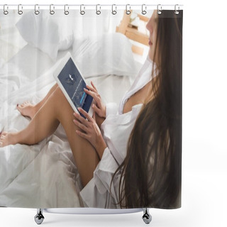 Personality  Attractive Young Woman Using Tablet With Tumblr App On Screen In Bed In Morning Shower Curtains