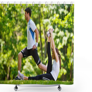 Personality  Couple Doing Stretching Exercise After Jogging Shower Curtains