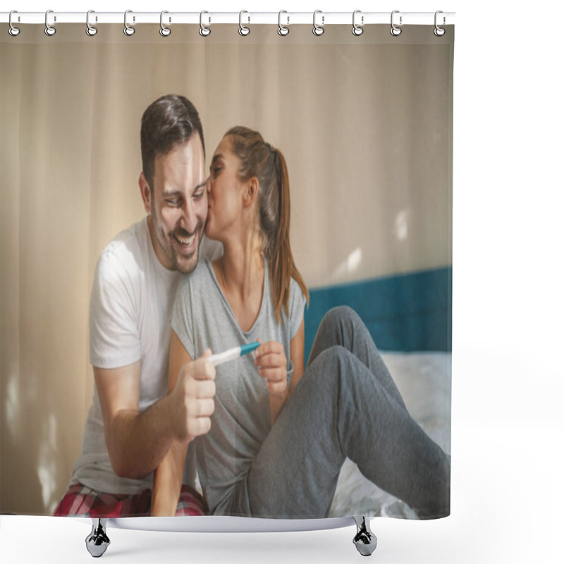 Personality  Happy Couple With Positive Pregnancy Test. Happy Excited Couple Making Positive Pregnancy Test And Celebrating. Cheerful Couple Finding Out Results Of A Pregnancy Test Sitting On Bed Shower Curtains