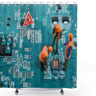 Personality  Miniature Engineers Fixing Error On Chip Of Motherboard Shower Curtains