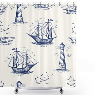 Personality  Vintage Hand-Drawn Nautical Toile De Jouy Vector Seamless Pattern With Lighthouse, Seagulls, Seaside Scenery And Ships Shower Curtains