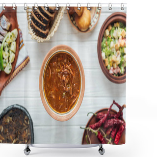 Personality  Selective Focus Of Delicious Traditional Mixed Meat Soup And Dishes Around On White Wooden Background Shower Curtains