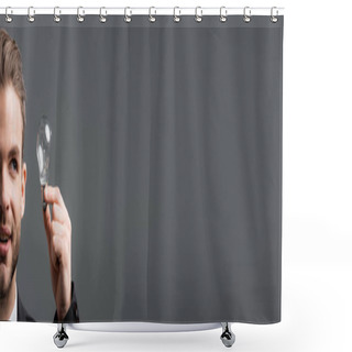 Personality  Partial View Of Smiling Businessman Looking At Light Bulb Isolated On Grey, Banner Shower Curtains
