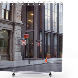 Personality  Contemporary Buildings And Different Road Signs On Avenue In New York City, Metropolis Streetscape Shower Curtains
