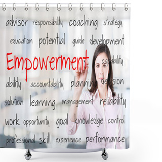 Personality  Young Business Woman Writing Empowerment Concept. Office Background. Shower Curtains
