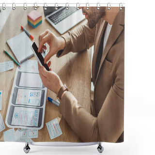 Personality  Cropped View Of Designer Using Smartphone With Mobile Web Prototype On Table Shower Curtains