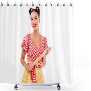 Personality  Smiling Stylish Pin Up Girl Holding Rolling Pin And Looking At Camera Isolated On White Shower Curtains