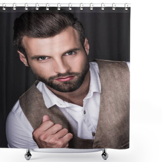 Personality  Portrait Of Stylish Handsome Confident Man, Isolated On Grey Shower Curtains