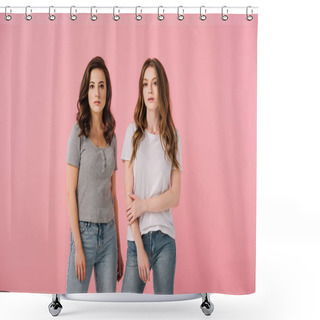 Personality  Attractive Women In T-shirts Looking At Camera Isolated On Pink Shower Curtains