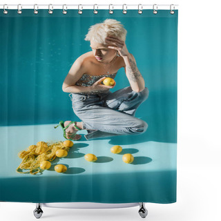Personality  Full Length View Of Tattooed Albino Woman In Top With Sequins And Denim Jeans Posing Near Fresh Lemons On Blue  Shower Curtains