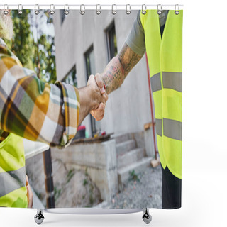 Personality  Cropped View Of Two Hardworking Construction Workers Shaking Their Hands, Cottage Builders Shower Curtains