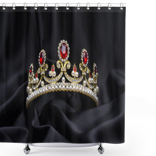 Personality  Golden Crown With Rubies And Pearls On A Black Silk Shower Curtains