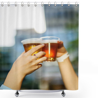 Personality  A Pair Of Hands Cheers With Beer Glasses In A Blurred Sunset Background. Shower Curtains