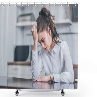 Personality  Upset Woman In White Blouse Sitting At Table And Crying In Kitchen, Grieving Disorder Concept Shower Curtains