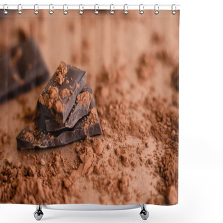 Personality  Close Up View Of Natural Cocoa Powder And Chocolate On Blurred Brown Background  Shower Curtains