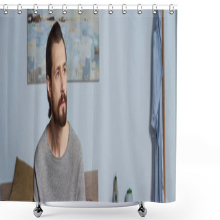 Personality  Pensive Man Looking Away While Thinking About Something In Modern Bedroom, Painting  On Wall, Banner Shower Curtains
