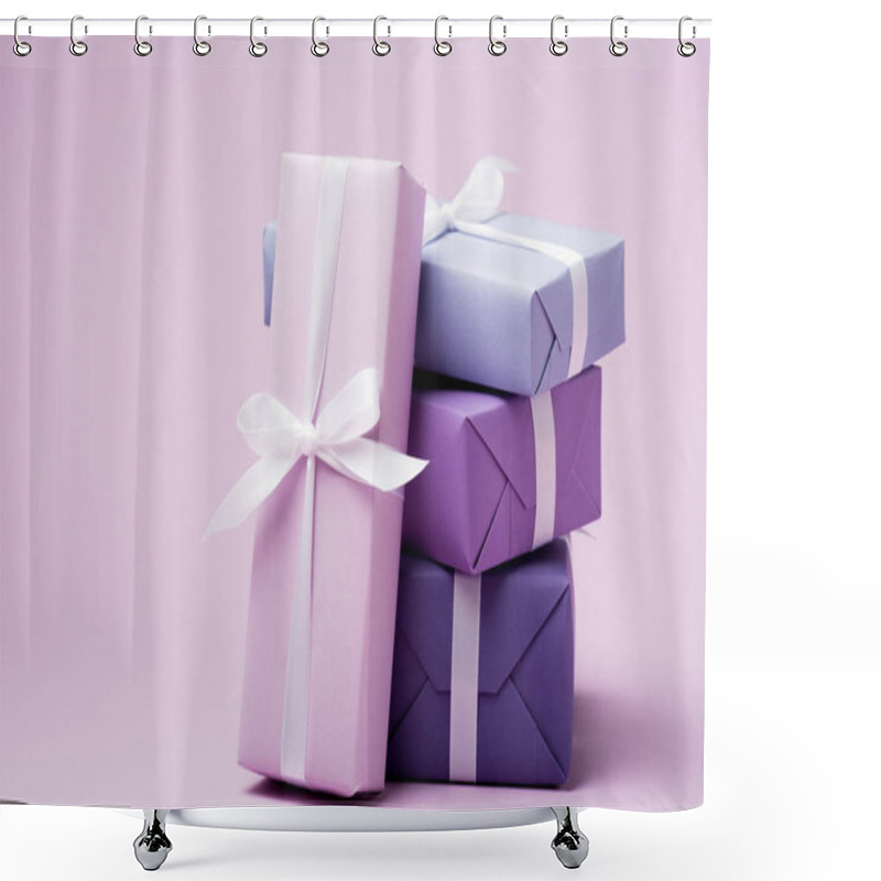 Personality  colorful gift boxes with white ribbons on purple surface shower curtains