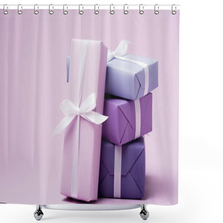 Personality  Colorful Gift Boxes With White Ribbons On Purple Surface Shower Curtains