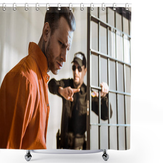 Personality  Prison Guard Showing Something To Criminal In Prison Cell Shower Curtains