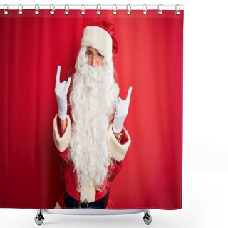 Personality  Middle Age Handsome Man Wearing Santa Costume Standing Over Isolated Red Background Shouting With Crazy Expression Doing Rock Symbol With Hands Up. Music Star. Heavy Music Concept. Shower Curtains