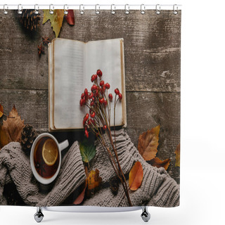 Personality  Flat Lay With Blank Notebook, Red Holly Berries, Cup Of Tea And Sweater On Wooden Tabletop Shower Curtains