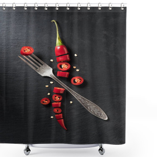 Personality  Elevated View Of Cut Red Ripe Chili Pepper And Fork On Black Surface Shower Curtains
