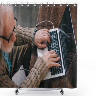 Personality  Close-up View Of Elder Man Using Laptop Shower Curtains