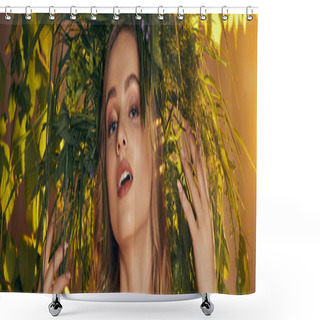 Personality  A Young Mavka In Traditional Attire Stands Under A Tree With Hands On Head In A Fairy And Fantasy-inspired Studio. Shower Curtains