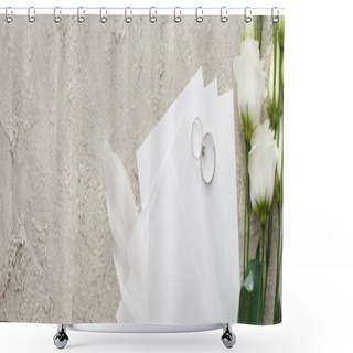 Personality  Panoramic Shot Of Silver Rings On Invitation Cards Near White Eustoma Flowers On Textured Surface  Shower Curtains