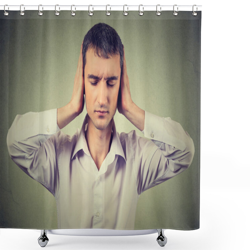 Personality  Peaceful, Tranquil, Looking Relaxed, Young Man With Eyes Closed Covering His Ears Shower Curtains
