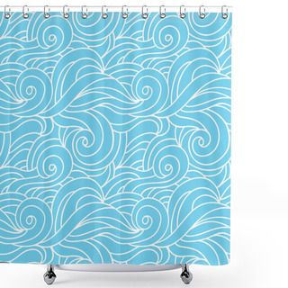 Personality  Wavy Vector Seamless Pattern. Sea Waves Water Monochrome Texture. Hand Drawn Abstract Blue Background Shower Curtains