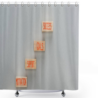 Personality  Panoramic Shot Of Wooden Blocks With Motivation, Support, Goals, Success Words On Grey Background, Business Concept Shower Curtains