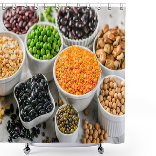 Personality  Selection Of Legumes In White Bowls On Stone Background Shower Curtains