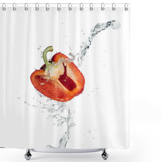 Personality  Red Bell Pepper Half With Clear Water Splash And Drops Isolated On White Shower Curtains