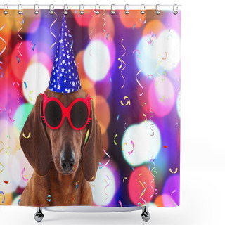 Personality  Dachshund In Stylish Sunglasses And Party Hat On Festive Background Shower Curtains