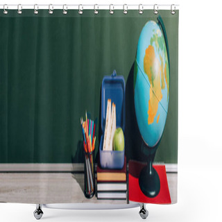 Personality  Horizontal Image Of Globe Near Lunch Box On Books And Pen Holder Near Green Chalkboard Shower Curtains