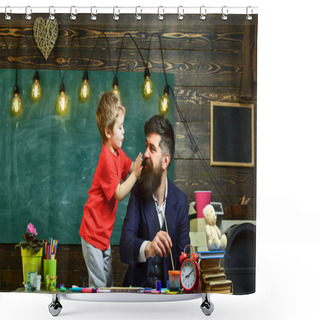 Personality  Child Cheerful And Teacher Painting, Drawing. Teacher With Beard, Father Teaches Little Son To Draw In Classroom, Chalkboard On Background. Talented Artist Spend Time With Son. Art Lesson Concept Shower Curtains