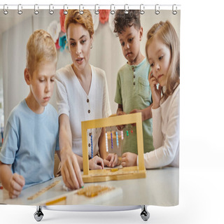 Personality  Montessori School, Multicultural Children Playing With Color Bead Stairs Near Teacher, Diversity Shower Curtains